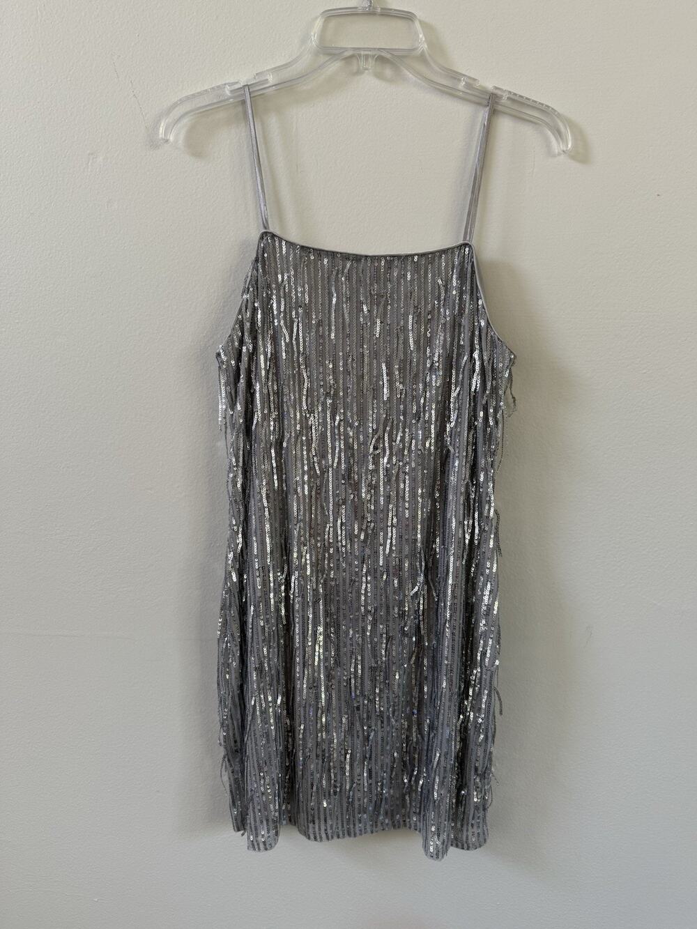 TRIXXI Women’s Silver Sequin Fringe Slip Dress Spaghetti Straps Mini Sz M